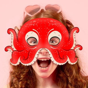 Red Octopus Mask Printable Costume Squid Animal Ocean Pool Party Favor Sea Monster Carnival Acuatic School Activity DIY Halloween Kid Adult