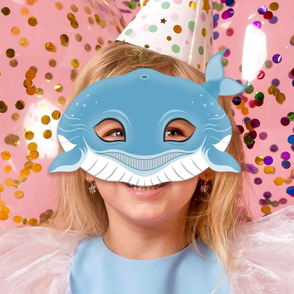 Masque de baleine imprimable Costume d'halloween baleine bleue fête de la piscine artisanat en papier plage animal marin masques d'animaux aquatiques Photobooth enfant adulte cétacé