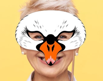 Zwaan masker afdrukbare kostuum witte vogel Halloween verjaardagsfeestje gans dier eend Pasen maskerade lelijk eendje carnaval Mardi Gras volwassen kind
