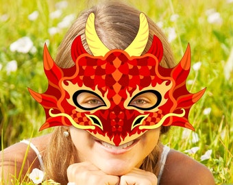 Red Dragon Mask Printable Zodiac Chinese New Year Easy Costume Party Birthday Halloween Monster Photo Booth Template Paper Craft Kid Adult