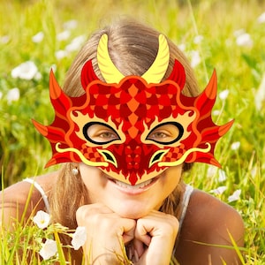Maschera di drago rosso stampabile Zodiaco Capodanno cinese Carnevale Costume Festa Favore Compleanno Halloween Mostro Photo Booth Carta Artigianato Bambino Adulto