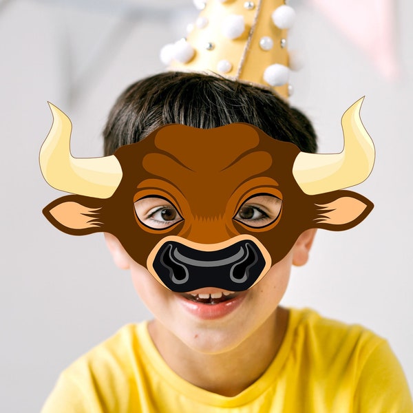 Taureau imprimable masque boeuf déguisement d'halloween bricolage brun buffle yak ferme animal vache fête accessoire anniversaire papier masques carnaval minotaure artisanat