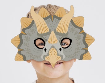 Masque de dinosaure imprimable Triceratops Animal Costume Halloween motif préhistorique papier Dino rhinocéros photomaton Safari fête enfant adulte