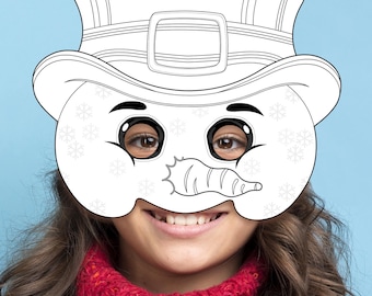Máscara de boneco de neve para colorir, fantasia para imprimir, atividade de festa de Natal, Halloween, aniversário, escola, igreja, teatro, artesanato de inverno, criança, adulto, carnaval