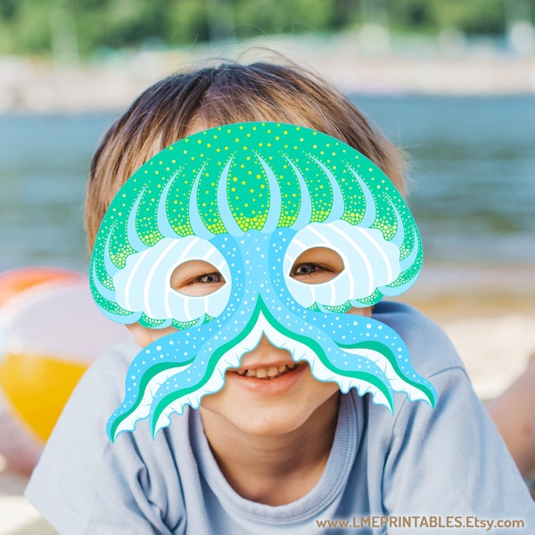 Jellyfish Printable Mask Medusa Halloween Costume Sea Life Monster Animal Noctiluca Kids Ocean Pool Party Umbrella Photo Booth Squid Adults