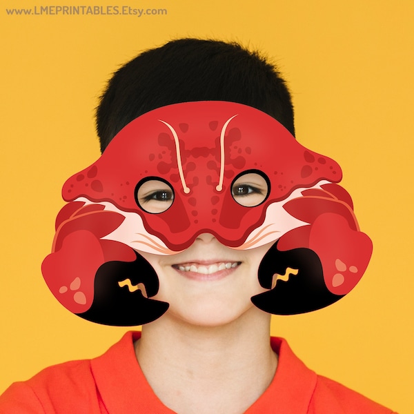 Crab Printable Mask Halloween Costume Animal Paper Masks Template Kids Adults Pool Party Under Sea Beach Animal PhotoBooth Cancer Zodiac Red