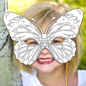 Página para colorir de máscara de borboleta para impressão, fantasia de carnaval, inseto monarca, inseto, ninfa, mariposa, animal, atividade de lembrancinha de festa, aniversário, dia das bruxas, floresta
