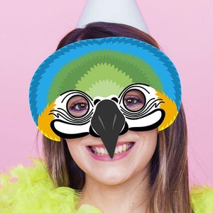 Máscara de loro guacamayo para carnaval, disfraz imprimible, manualidades de animales, fiesta tropical, carnaval, niños, adultos, colorido, Halloween, cumpleaños, loro