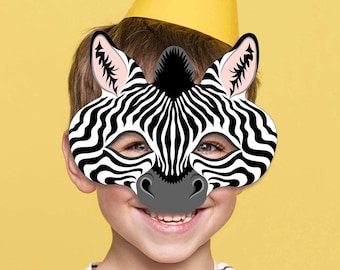Máscara de cebra imprimible fiesta de animales Halloween Safari traje selva PDF fotomatón zoológico cumpleaños juegos de papel negro blanco niño adulto mascarada