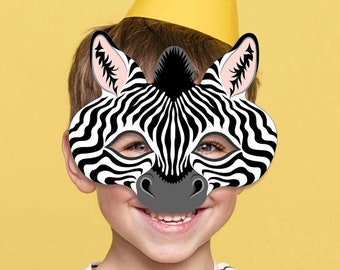 Máscara de cebra imprimible fiesta de animales Halloween Safari traje selva PDF fotomatón zoológico cumpleaños juegos de papel negro blanco niño adulto mascarada