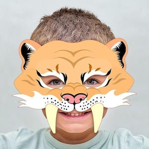 Maschera Smilodon Stampabile Costume Carnevale Tigre dai denti a sciabola Animale preistorico Era glaciale Dente a sciabola Halloween Bambino Adulto Safari Festa di compleanno