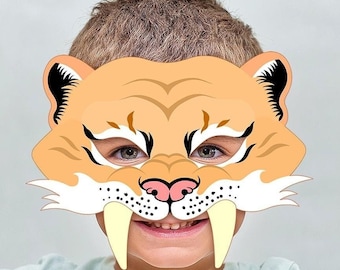 Smilodon Maske Druckbares Kostüm Säbelzahntiger Prähistorisches Tier Eiszeit Säbelzahn Karneval Halloween Kind Erwachsener Safari Geburtstagsparty