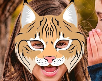 Máscara de lince imprimible para Halloween, máscara de safari en la jungla para niños, recuerdo de fiesta de cumpleaños, disfraz de lince, niño, adulto, gato salvaje, carnaval