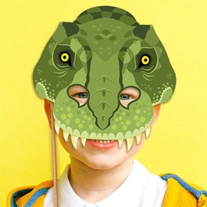 T-Rex Mask Printable Dinosaur Dragon Costume Prehistoric Animal Green Velociraptor Raptor Halloween Paper Dino Party Photo Booth Kid Adult