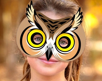 Owl Mask Bird Printable Costume Great Horned Owl Carnival Halloween Party Paper Craft Forest Animal Activity Masquerade Mardi Gras Kid Adult