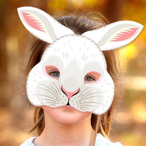 Maschera da coniglio bianco stampabile, costume di carta per Pasqua, coniglietto di Halloween, lepre, zodiaco, foresta, fattoria, animali, festa, bosco, compleanno, carnevale, bambino, adulto
