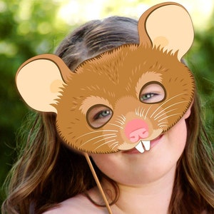 Máscara de ratón para Halloween, disfraz de rata para imprimir, papel, manualidades, animales, carnaval, fiesta de alcantarillado, cumpleaños, roedor, conejillo de indias, adultos, niños, bosque, fotomatón