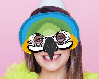 Máscara de pájaro loro guacamayo Disfraz de Halloween imprimible Carnaval Máscaras de animales DIY Fiesta tropical Mardi Gras Niño Adulto Loro de cumpleaños colorido