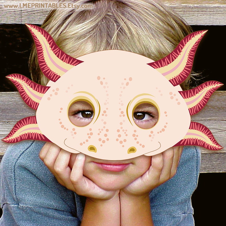 Axolotl Mask Printable PDF Paper Halloween Costume Template Salamander Albino Amphibian Pool Party Lake Acuatic Animal Kids Adults DIY Fish image 5