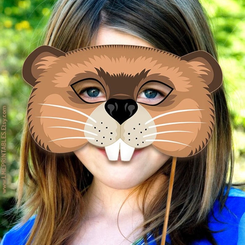 Beaver Printable Mask Castor Rodent Halloween Costume Woodland Animal Marmot Groundhog Punxsutawney Phil Woodchuck Otter Party Kid Adult image 1