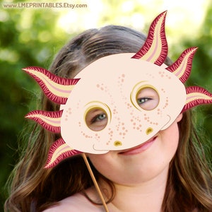 Máscara de Ajolote imprimible PDF Papel Plantilla de disfraz de Halloween Salamandra Albino Anfibio Fiesta en la piscina Lago Animal acuático Niños Adultos DIY Pescado imagen 7