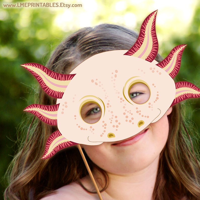 Axolotl Mask Printable PDF Paper Halloween Costume Template Salamander Albino Amphibian Pool Party Lake Acuatic Animal Kids Adults DIY Fish image 7