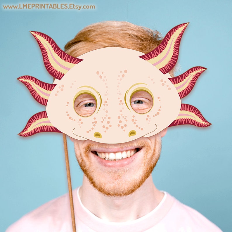Máscara de Ajolote imprimible PDF Papel Plantilla de disfraz de Halloween Salamandra Albino Anfibio Fiesta en la piscina Lago Animal acuático Niños Adultos DIY Pescado imagen 8