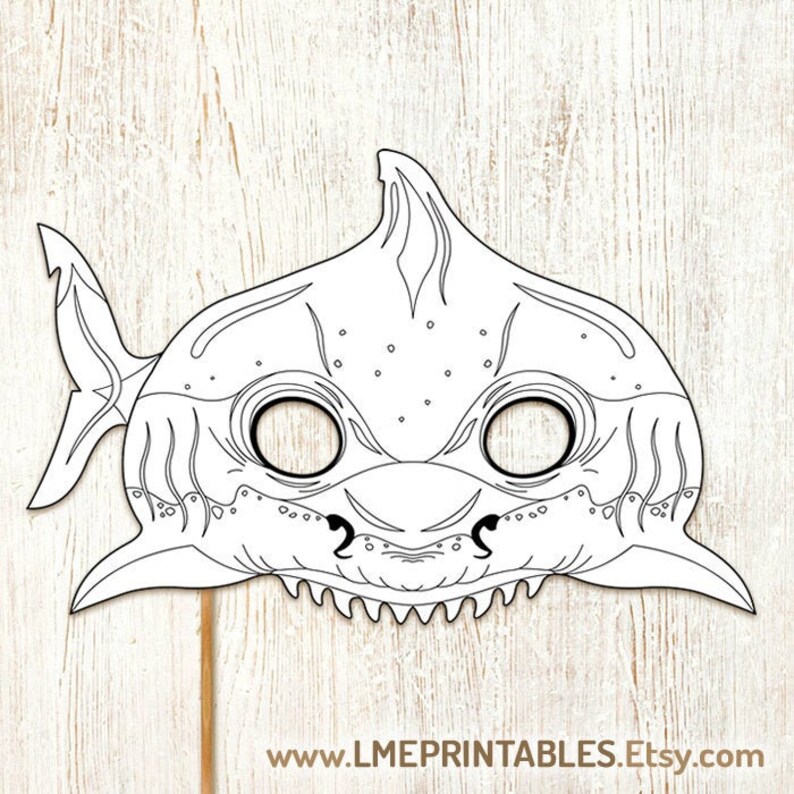 Shark Coloring Mask Printable Halloween Fish Costume Pool Party Games Favor PDF Beach Sea ...