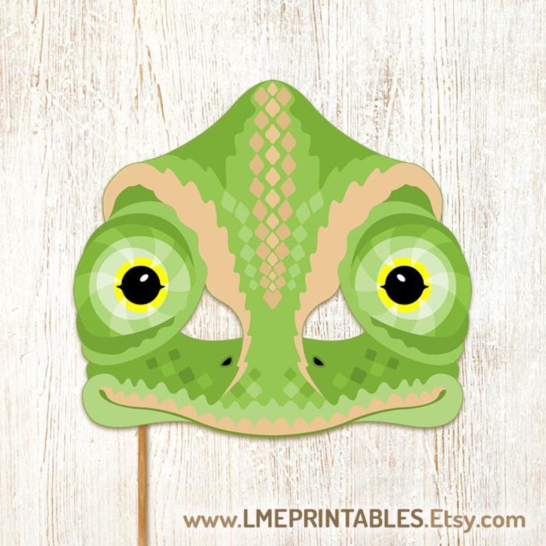 Op de afbeelding: Groen en bruin kameleonmasker met grote gele ogen en een stokje aan de onderkant. Het masker is geprint op stevig papier en is klaar om uit te knippen en te gebruiken voor een feestje of toneelstuk.