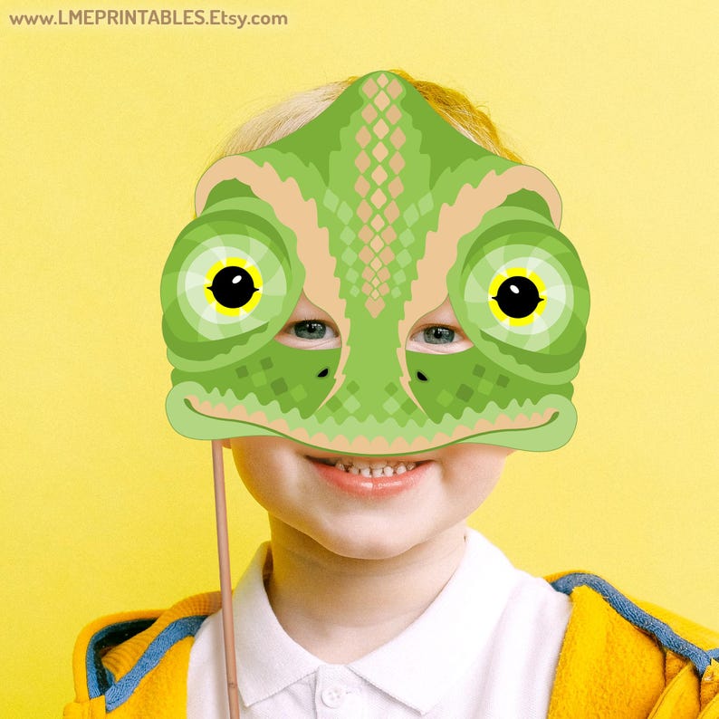 Kameleon afdrukbaar masker Halloween kostuum reptiel hagedis PDF papieren masker DIY dierlijke gekko leguaan verjaardagsfeestje spel aankleden kind volwassen slang afbeelding 9