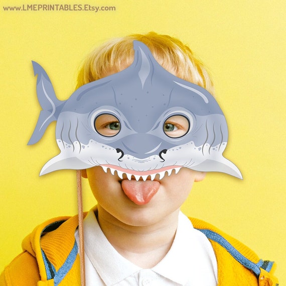 Shark Printable Mask Halloween Costume Fish Pool Party Beach Sea Animal Acuatic Predator Marine Megalodon Big Tooth Photo Booth Kid adult