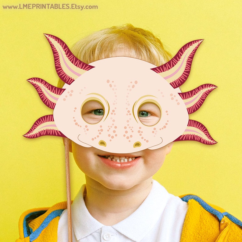 Axolotl Mask Printable PDF Paper Halloween Costume Template Salamander Albino Amphibian Pool Party Lake Acuatic Animal Kids Adults DIY Fish image 3