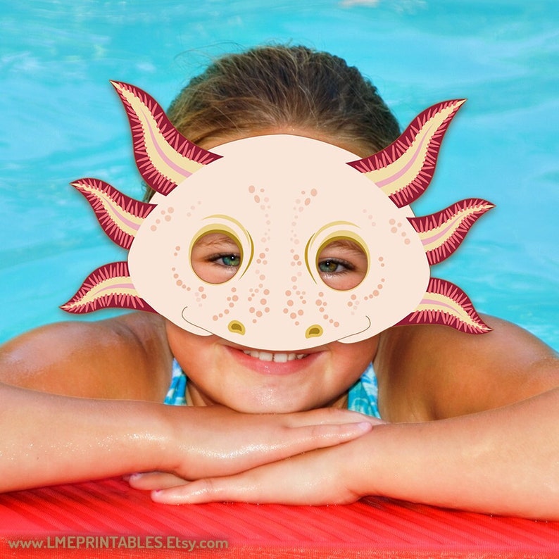 Máscara de Ajolote imprimible PDF Papel Plantilla de disfraz de Halloween Salamandra Albino Anfibio Fiesta en la piscina Lago Animal acuático Niños Adultos DIY Pescado imagen 1