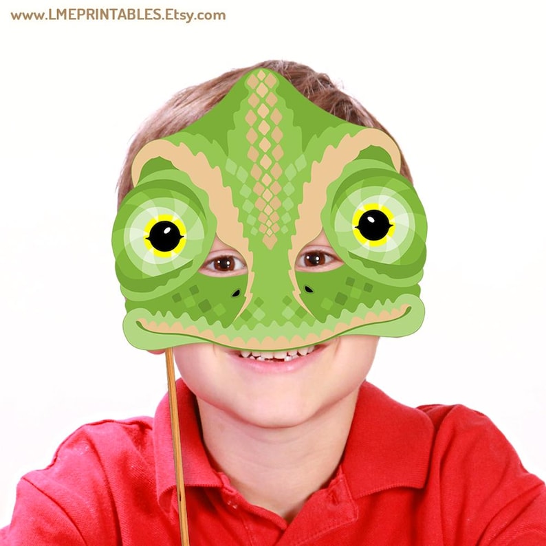Kameleon afdrukbaar masker Halloween kostuum reptiel hagedis PDF papieren masker DIY dierlijke gekko leguaan verjaardagsfeestje spel aankleden kind volwassen slang afbeelding 8