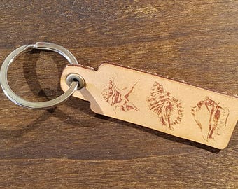 Leather Keyring with 3 Small Shells  - Free Global Shipping