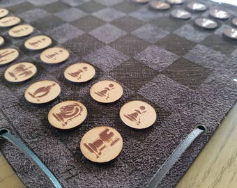 Brown Leather Travel Chess set with Leather Pieces - Customization Available - Free Global Shipping