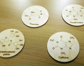 Hot Beverage Molecule Coasters - Set of 4 - Birch Wood - Free Global Shipping - Molecules form Coffee, Tea and Chocolate.