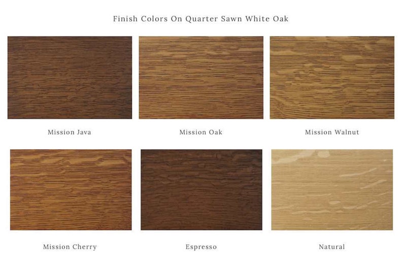 Op de afbeelding: Zes houtstalen die verschillende vlekkenkleuren op kwartiers gezaagd wit eikenhout laten zien. De kleuren zijn Mission Java, Mission Oak, Mission Walnut, Mission Cherry, Espresso en Natuurlijk.