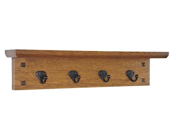 Wall Shelf with Hooks Narrow Mission Style with Black Key Hooks 19-39" Wide, Wardrobe Hooks, Entryway Shelf, Display Shelf, Key Holder