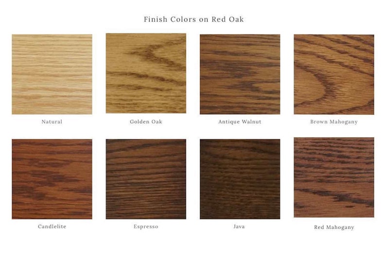 Op de afbeelding: Een grafiek met acht verschillende houtbeitskleuren op rode eik. De kleuren zijn: Natuurlijk, Gouden Eik, Antiek Walnoot, Bruin Mahonie, Candlelite, Espresso, Java en Rood Mahonie.