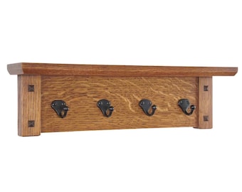 Wall Shelf with Hooks  Mission Craftsman Style With Black Key Hooks 19-39" Wide, Wardrobe Hooks, Entryway Shelf, Display Shelf, Key Holder