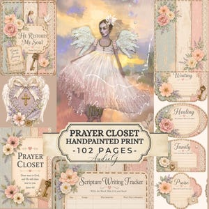 Peut inclure: Une planche de collage numérique intitulée Prayer Closet Handpainted Print comprenant 102 pages de papeterie religieuse. Les éléments incluent une illustration d'ange, des bordures florales, des clés anciennes, des cadres en cœur et du texte.