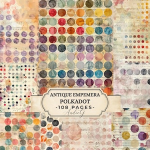 Puede incluir: Un collage de lunares de acuarela en varios colores, incluyendo rojo, azul, amarillo y verde, dispuestos sobre un fondo de partituras vintage. El texto "ANTIQUE EMPEMERA POLKADOT -108 PAGES- AudieG" se muestra en una pancarta.