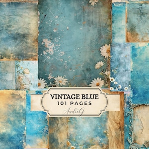 Peut inclure: Un collage de fonds de papier de style vintage dans des tons de bleu et de marron. Certaines pages présentent des accents floraux et des textures vieillies. Le texte "VINTAGE BLUE" est affiché sur une étiquette, avec "101 PAGES" et le nom de l'artiste.