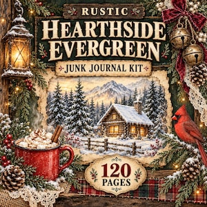 以下が含まれることがあります： Rustic Hearthside Evergreenジャンクジャーナルキット。雪に覆われた木々と山々、冬の山小屋の風景が描かれています。表紙にはマシュマロ入りの赤いマグカップ、ショウジョウコウカンチョウ、松ぼっくり、ランタンが配置され、120 PAGESという文字が記されています。