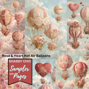 Peut inclure: Plusieurs montgolfières roses et blanches, ornées de fleurs et de dentelle, flottent dans un ciel nuageux. Le texte "Rose & Heart Hot Air Balloons" et "Shabby Chic Sampler Pages" est visible.