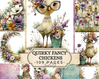 QUIRKY FANCY Chickens Junk Journal Kit | Floral Chicken Pages Ephemera Pastel Birds Printable Scrapbook Papers Cute Farm Digital Download