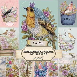Peut inclure: Une collection d'illustrations d'oiseaux avec des éléments floraux et du texte. L'image centrale montre un oiseau portant une couronne, avec le mot "FAITH" en dessous. D'autres images montrent des oiseaux dans des poches et des compositions florales. Le texte "BIRDSONGS OF GRACE 101 PAGES" est également visible.