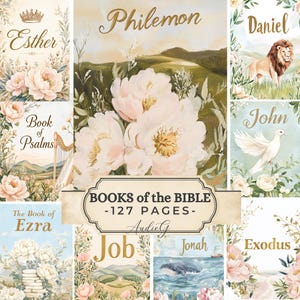 May include: A collection of illustrated books with floral designs and gold lettering. Titles include "Esther," "Philemon," "Daniel," "John," "Ezra," "Job," "Jonah," and "Exodus." The central banner reads "BOOKS of the BIBLE -127 PAGES-."