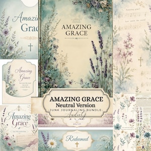 Può includere: Un set di junk journaling digitale con il testo Amazing Grace, illustrazioni floreali di lavanda e fiori di campo in toni blu, viola e crema, notazione musicale e croci religiose su vari sfondi simili alla carta.